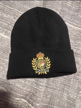 Polo by Ralph Lauren Black Beanie with Gold Crest Embroidery